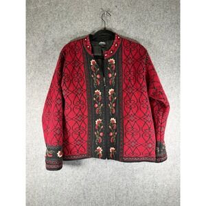 ICELANDIC DESIGN Women's Red Floral Embroidered Knit Zip Up Cardigan Sweater M